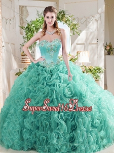 Luxurious Rolling Flower Big Puffy Mint Sweet Sixteen Gown with Beading