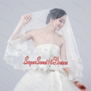 2014 Two-Tier Tulle Lace Appliques Edge Bridal Veils
