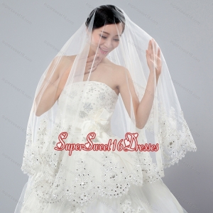 2014 Cheap Two-Tier White Fingertip Veil with Lace Edge