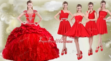 Popular Cap Sleeves Quinceanera Dress and Beautiful Chiffon Short Dama Dresses in Red