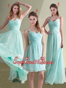 Cheap Straps Beaded and Ruched Aqua Blue Quinceanera Dama Dress in Chiffon