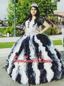 Romantic Applique and Ruffled Big Puffy Quinceanera Dress in White and Black