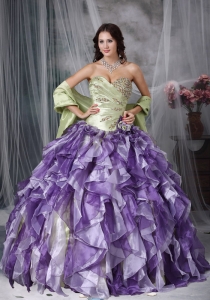 Colorful Ball Gown Sweetheart Floor-length Taffeta and Organza Beading and Ruffles Quinceanea Dress