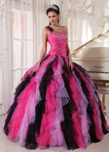 Beautiful Multi-colored Sweet 16 Dress One Shoulder Organza Beading and Ruffles Ball Gown