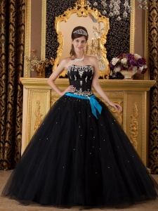 Elegant Black Sweet 16 Quinceanera Dress Strapless Appliques Tulle Ball Gown