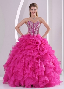 Fuchsia Ruffles Ball Gown Sweetheart Beaded Decorate Sweet 16 Gowns in Sweet 16