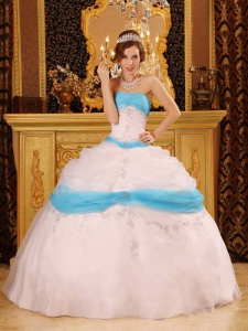 Perfect White and Aqua Sweet 16 Dress Strapless Appliques Satin and Organza Ball Gown