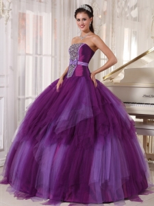 Elegant Purple Sweet 16 Quinceanera Dress Strapless Tulle Beading Ball Gown