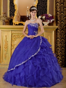 Gorgeous Bule Sweet 16 Quinceanera Dress Strapless Organza Appliques Ball Gown