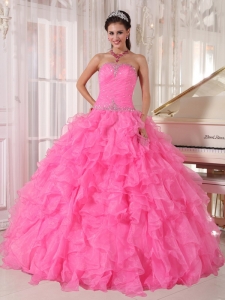 Inexpensive Rose Pink Sweet 16 Dress Strapless Organza Beading Ball Gown
