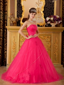 Low Price Hot Pink Sweet 16 Dress Strapless Tulle Appliques / Princess