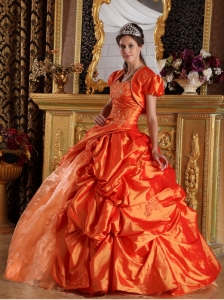 Luxurious Orange Sweet 16 Dress Sweetheart Appliques Taffeta Ball Gown
