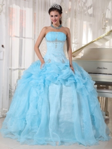 Wonderful Baby Blue Sweet 16 Dress Strapless Organza Beading Ball Gown
