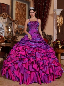 Discount Purple and Fuchsia Sweet 16 Dress Straps Satin Embroidery with Beading Ball Gown