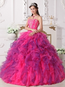 Elegant Hot Pink and Purple Sweet 16 Dress Sweetheart Satin and Organza Embroidery Ball Gown