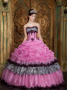 Elegant Rose Pink Sweet 16 Dress Strapless Picks-Up Organza and Zebra Ball Gown