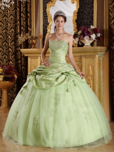 Luxurious Yellow Green Sweet 16 Dress Strapless Tulle and Taffeta Beading Ball Gown