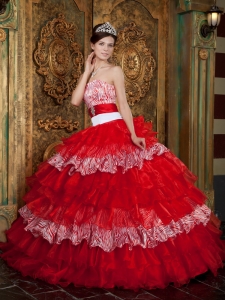 Pretty Red Sweet 16 Dress Strapless Organza and Zebra Ruffles Ball Gown
