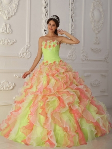 Romantic Multi-Color Sweet 16 Dress Strapless Organza Hand Flowers and Ruffles Ball Gown