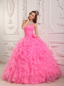 Romantic Rose Pink Sweet 16 Dress Sweetheart Organza Beading Ball Gown