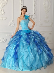Discount Aqua Blue Sweet 16 Dress One Shoulder Satin and Organza Beading Ball Gown