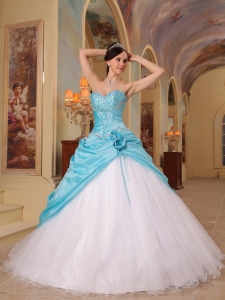 Discount Aqua Blue and White Sweet 16 Dress Sweetheart Beading Tulle and Taffeta A-Line / Princess