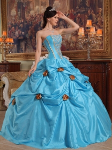 Lovely Sky Blue Sweet 16 Dress Strapless Taffeta Beading and Hand Made Flowers Ball Gown