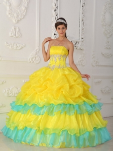 Luxurious Yellow Sweet 16 Dress Strapless Organza Beading and Ruffles Ball Gown