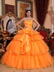 Popular Orange Sweet 16 Quinceanera Dress Strapless Organza Ruffles Ball Gown