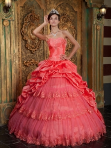 Popular Watermelon Sweet 16 Dress Sweetheart Taffeta and Tulle Lace Appliques Ball Gown