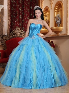 Romantic Aqua Blue Sweet 16 Dress Sweetheart Tulle Beading Ball Gown