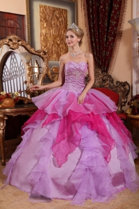 Affordable Lavender and Hot Pink Sweet 16 Dress Sweetheart Organza Beading Ball Gown