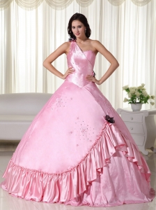 Baby Pink Ball Gown One Shoulder Floor-length Taffeta Beading Sweet 16 Dress