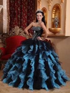 Black and Sky Blue Exclusive Sweet 16 Dress Sweetheart Organza Beading Ball Gown
