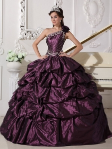 Fashionable Dark Purple Sweet 16 Dress One Shoulder Taffeta Appliques and Pick-ups Ball Gown