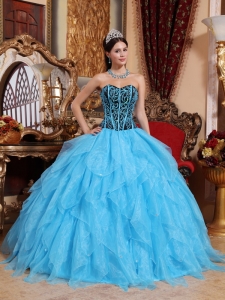 Modest Aqua Blue Sweet 16 Dress Sweetheart Floor-length Organza Embroidery with Beading Ball Gown