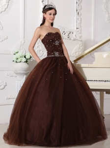 Modest Chocolate Sweet 16 Dress Sweetheart Tulle Rhinestones Ball Gown
