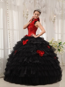 Modest Red and Black Sweet 16 Dress Halter Taffeta and Organza Hand Flowers Ball Gown