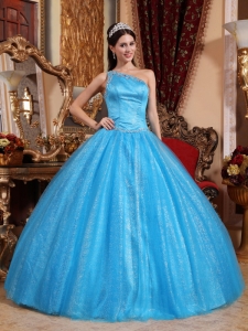New Baby Blue Sweet 16 Dress One Shoulder Tulle and Taffeta Beading Ball Gown