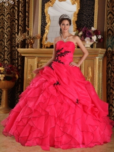 Pretty Red Sweet 16 Dress Sweetheart Floor-length Organza Appliques Ball Gown