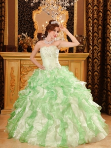 Simple Apple Green Sweet 16 Dress Sweetheart Organza Beading and Ruffles Ball Gown