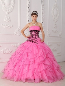 Sweet Rose Pink Sweet 16 Dress Strapless Appliques and Ruffles Ball Gown