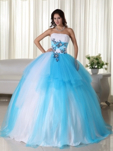 Aqua Ball Gown Strapless Floor-length Tulle Beading Sweet 16 Quinceanera Dress
