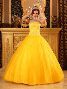 Cheap Yellow Sweet 16 Dress Spaghetti Straps Beading Satin and Tulle Ball Gown