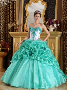 Discount Turquoise Sweet 16 Dress Sweetheart Organza Hand Made Flowers Ball Gown
