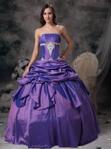 Purple Ball Gown Strapless Floor-length Taffeta Appliques Sweet 16 Dress