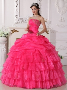 New Arrival Hot Pink Sweet 16 Dress Strapless Organza Appliques Ball Gown