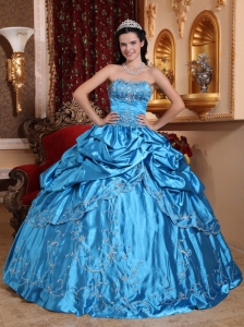 New Blue Sweet 16 Dress Strapless Taffeta Embroidery with Beading Ball Gown