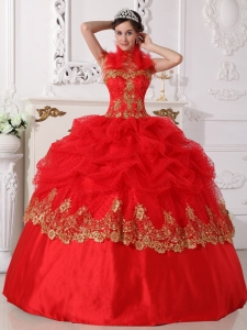 Affordable Red and Gold Sweet 16 Dress Halter Taffeta Beading and Appliques Ball Gown