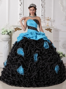 Populor Blue and Black Sweet 16 Dress Sweetheart Organza Beading and Rolling Flowers Ball Gown